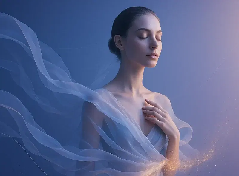 Ethereal distance energy healing visual for BioVibra, featuring a serene woman in lotus position
